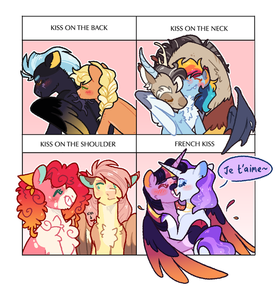 Size: 1041x1097 | Tagged: safe, artist:queerhorses, derpibooru import, applejack, discord, fluttershy, pinkie pie, rainbow dash, rarity, thunderlane, twilight sparkle, twilight sparkle (alicorn), alicorn, draconequus, earth pony, pegasus, pony, unicorn, alternate design, blush sticker, blushing, chest fluff, colored wings, discodash, female, fluffy, flutterpie, french, gradient wings, grin, image, kissing, lesbian, male, mare, neck kiss, nuzzling, png, rarilight, shipping, smiling, stallion, straight, thunderjack, wings