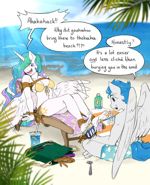 Size: 2894x3570 | Tagged: questionable, artist:giggleandblush, derpibooru import, princess celestia, oc, oc:dreamy daze, anthro, plantigrade anthro, bag, beach, beach chair, bikini, bondage, brush, canon x oc, chair, clothes, dreamlestia, feet, female, fetish, image, male, ocean, paintbrush, png, rope, rope bondage, shipping, straight, sunscreen, swimming trunks, swimsuit, tickle fetish, tickling, towel, wartenberg wheel, water