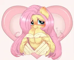 Size: 1000x804 | Tagged: safe, artist:inkypuso, derpibooru import, fluttershy, pegasus, pony, blushing, cute, daaaaaaaaaaaw, ear blush, female, heart, heart background, holiday, hooves to the chest, image, jpeg, looking at you, mare, shy, shyabetes, smiling, smiling at you, solo, valentine's day, wing hands, wings