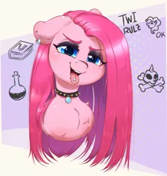 Size: 951x1000 | Tagged: safe, artist:inkypuso, derpibooru import, pinkie pie, earth pony, pony, bust, chest fluff, choker, ear piercing, earring, female, floppy ears, image, jewelry, jpeg, looking at you, mare, open mouth, open smile, piercing, pinkamena diane pie, punkie pie, smiling, smiling at you, solo, spiked choker, tongue out, tongue piercing