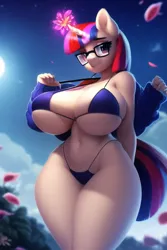 Size: 512x768 | Tagged: suggestive, derpibooru import, machine learning generated, novelai, stable diffusion, moondancer, anthro, unicorn, absolute cleavage, big breasts, bikini, breasts, busty moondancer, cleavage, clothes, female, huge breasts, image, looking at you, magic, multiple limbs, open clothes, open shirt, png, shirt, shirt pull, solo, solo female, sweater, swimsuit, wide hips