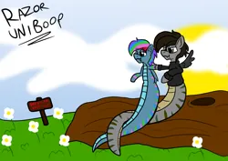 Size: 2817x2000 | Tagged: safe, artist:razoruniboop, derpibooru import, oc, oc:fauli, oc:fauli1221, oc:razoruniboop, unofficial characters only, bat pony, changeling, hybrid, lamia, original species, flower, grass, hoofbump, image, lamiafied, male, png, species swap, sun, wood
