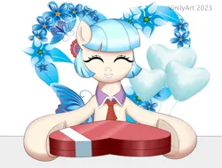 Size: 1524x1152 | Tagged: safe, artist:vinilyart, derpibooru import, coco pommel, earth pony, pony, balloon, box of chocolates, chocolate, cocobetes, cute, eyes closed, flower, food, heart, heart balloon, hearts and hooves day, holiday, image, looking at you, open mouth, open smile, png, simple background, smiling, smiling at you, valentine's day, white background
