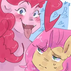 Size: 2048x2048 | Tagged: safe, artist:dmitrymemovznok, derpibooru import, fluttershy, pinkie pie, earth pony, pegasus, pony, blushing, close-up, duo, frown, heart, image, jpeg, sharp teeth, smiling, sweat, sweatdrop, teeth, tongue out