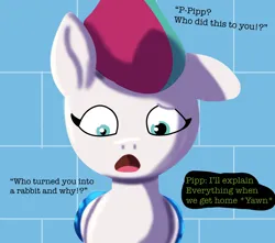 Size: 1700x1500 | Tagged: safe, artist:the crystal artist, derpibooru import, zipp storm, pegasus, pony, series:bunny pipp, brick wall, colored wings, concerned, confused, derpibooru exclusive, female, g5, image, implied pipp petals, looking at someone, looking down, mare, mismatched eyes, one ear down, open mouth, png, question, solo, talking, text, wings, yawn