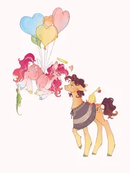 Size: 3375x4500 | Tagged: safe, artist:qpnnn, derpibooru import, boneless, cheese sandwich, gummy, pinkie pie, alligator, earth pony, pony, balloon, biting, cheesepie, clothes, female, floating, floating heart, halo, heart, hooves, image, male, mare, multicolored hooves, png, poncho, shipping, simple background, socks, stallion, straight, tail, tail bite, then watch her balloons lift her up to the sky, unshorn fetlocks, white background