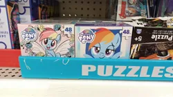 Size: 1920x1080 | Tagged: safe, derpibooru import, rainbow dash, pegasus, pony, #pony, 48 piece puzzle, blue blush, blushing, dollar tree, hashtag, image, jpeg, looking at you, my little pony logo, photo, puzzle, solo, spring