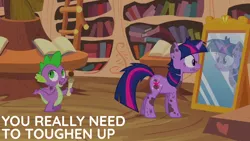 Size: 1920x1080 | Tagged: safe, derpibooru import, edit, edited screencap, editor:quoterific, screencap, spike, twilight sparkle, dragon, pony, unicorn, it's about time, book, bookshelf, dirty, duo, duo male and female, female, golden oaks library, image, ladder, library, looking, looking back, male, mare, messy, messy mane, mirror, open mouth, open smile, png, reflection, scroll, scuff mark, smiling, unicorn twilight