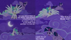 Size: 2000x1125 | Tagged: safe, derpibooru import, edit, edited screencap, editor:quoterific, screencap, princess celestia, twilight sparkle, twilight sparkle (alicorn), alicorn, pony, horse play, cloud, crescent moon, crown, duo, duo female, ethereal mane, ethereal tail, female, flying, hoof shoes, image, jewelry, mare, moon, night, night sky, open mouth, open smile, peytral, png, regalia, sad, sky, smiling, spread wings, tail, wings
