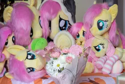 Size: 5119x3456 | Tagged: safe, artist:natureshy_wild, derpibooru import, fluttershy, original species, pegasus, plush pony, pony, bed, bouquet, bouquet of flowers, cute, flower, heart, heart eyes, hearts and hooves day, holiday, image, jpeg, photo, plushie, present, valentine's day, wingding eyes