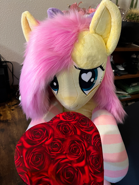 Size: 1350x1800 | Tagged: safe, artist:natureshy_wild, derpibooru import, fluttershy, original species, pegasus, plush pony, pony, cute, heart, heart eyes, hearts and hooves day, holiday, image, irl, jpeg, photo, plushie, pony plushie, present, valentine, valentine's day, wingding eyes