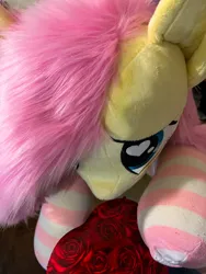 Size: 1350x1800 | Tagged: safe, artist:natureshy_wild, derpibooru import, fluttershy, original species, pegasus, plush pony, pony, cute, gift giving, heart, heart eyes, hearts and hooves day, holiday, image, irl, jpeg, photo, plushie, pony plushie, present, valentine, valentine's day, wingding eyes