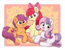 Size: 2048x1571 | Tagged: safe, artist:leo19969525, derpibooru import, apple bloom, scootaloo, sweetie belle, earth pony, pegasus, pony, unicorn, apple bloom's bow, blushing, bow, cutie mark crusaders, ears, ears up, female, filly, green eyes, hair bow, horn, image, jpeg, open mouth, orange eyes, pink eyes, sitting, smiling, wings
