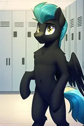 Size: 512x768 | Tagged: safe, derpibooru import, machine learning generated, novelai, stable diffusion, thunderlane, pegasus, pony, semi-anthro, belly button, bipedal, chest fluff, image, locker room, male, png, solo, stallion