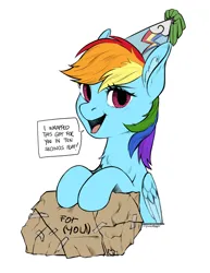 Size: 2002x2592 | Tagged: safe, artist:taytinabelle, color edit, derpibooru import, edit, editor:maonyman, rainbow dash, pegasus, pony, 10 seconds flat, birthday, birthday present, chest fluff, colored, colored wings, derpibooru exclusive, dialogue, ear fluff, female, folded wings, hat, image, looking at you, mare, open mouth, package, packaging, party hat, png, present, simple background, solo, speech bubble, two toned wings, white background, wings
