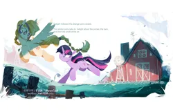 Size: 2314x1500 | Tagged: safe, artist:fan_silversol, derpibooru import, golden feather, princess celestia, twilight sparkle, pegasus, pony, unicorn, spoiler:comic, spoiler:comic65, barn, female, grass, image, jpeg, mare, unicorn twilight, windmill