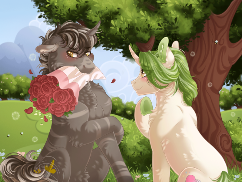 Size: 2850x2141 | Tagged: safe, artist:roselord, derpibooru import, oc, unnamed oc, unofficial characters only, bee, earth pony, insect, pegasus, pony, unicorn, blushing, chest fluff, commission, duo, duo male and female, ear fluff, eye clipping through hair, eyebrows, eyebrows visible through hair, female, flower, fluffy, heart, high res, horn, image, love, male, mare, mouth hold, pegasus oc, photo, png, sitting, stallion, tree, unicorn oc, wings, ych result, your character here