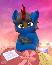Size: 2082x2598 | Tagged: safe, artist:rivin177, derpibooru import, oc, oc:flare flare, oc:harvest duran, kirin, pony, blushing, candle, chocolate, commission, date, food, heart, heart eyes, hearts and hooves day, holiday, hooves, horn, image, kirin oc, message, png, raised hoof, ribbon, shy, simple background, smiling, table, valentine's day, wingding eyes, ych result, your character here