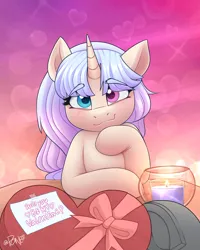 Size: 2082x2598 | Tagged: safe, artist:rivin177, derpibooru import, oc, oc:nightfall, bat pony, pony, unicorn, candle, chocolate, commission, date, food, heart, heart eyes, hearts and hooves day, heterochromia, holiday, hooves, horn, image, message, png, raised hoof, ribbon, simple background, smiling, table, valentine's day, wingding eyes, ych result, your character here