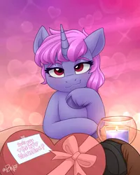 Size: 2082x2598 | Tagged: safe, artist:rivin177, derpibooru import, oc, oc:samantha, oc:uriah koonz, pony, unicorn, blushing, candle, chocolate, commission, date, food, heart, heart eyes, hearts and hooves day, holiday, hooves, horn, image, message, png, raised hoof, ribbon, sexy eyes, simple background, smiling, solo focus, table, valentine's day, wingding eyes, ych result
