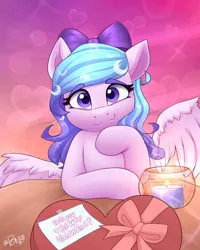 Size: 2082x2598 | Tagged: safe, artist:rivin177, derpibooru import, oc, oc:angela, pegasus, pony, blushing, candle, chocolate, commission, date, food, heart, heart eyes, hearts and hooves day, holiday, hooves, horn, image, message, png, raised hoof, ribbon, simple background, smiling, solo focus, spread wings, table, valentine's day, wingding eyes, wings, ych result