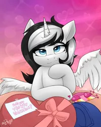 Size: 2082x2598 | Tagged: safe, artist:rivin177, derpibooru import, oc, alicorn, pony, blushing, candle, chocolate, commission, date, food, heart, heart eyes, hearts and hooves day, holiday, hooves, horn, image, message, png, raised hoof, ribbon, sexy eyes, simple background, smiling, solo focus, spread wings, table, valentine's day, valentine's day card, wingding eyes, wings, ych result