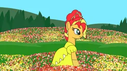 Size: 1920x1080 | Tagged: safe, artist:platinumdrop, derpibooru import, sunset shimmer, clothes, dress, flowery meadow, frankie foster, image, png, request, solo