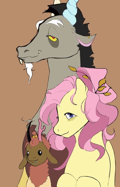 Size: 772x1202 | Tagged: safe, artist:limbteeth, derpibooru import, discord, fluttershy, oc, draconequus, pegasus, pony, discoshy, female, image, jpeg, lidded eyes, male, offspring, shipping, smiling, straight