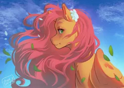 Size: 3508x2480 | Tagged: safe, artist:jaynsparkle, derpibooru import, fluttershy, pegasus, pony, female, film grain, flower, flower in hair, high res, image, jpeg, leaves, looking at you, mare, profile, signature, solo, wind, windswept mane