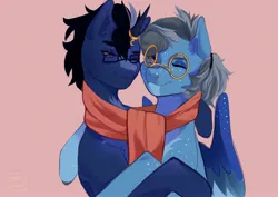 Size: 3508x2480 | Tagged: safe, artist:jaynsparkle, derpibooru import, oc, unofficial characters only, pegasus, pony, unicorn, clothes, commission, freckles, glasses, horn, horn ring, hug, image, jewelry, jpeg, looking at each other, looking at someone, oc x oc, one eye closed, pink background, ring, round glasses, scarf, shared clothing, shared scarf, shipping, simple background, smiling, smiling at each other