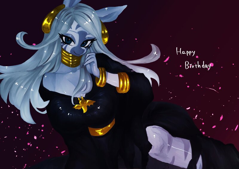 Size: 2924x2067 | Tagged: safe, artist:vanityamaryllis, derpibooru import, zecora, anthro, pony, zebra, alternate hairstyle, big breasts, breasts, busty zecora, clothes, dress, female, gradient background, happy birthday, high res, image, jpeg, looking at you, lying down, mare, side, smiling, smiling at you, solo, text