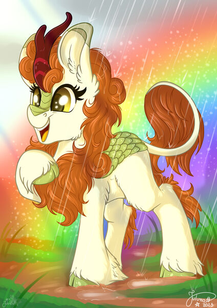 Size: 1920x2716 | Tagged: safe, artist:julunis14, derpibooru import, autumn blaze, kirin, sounds of silence, a kirin tale, cute, female, image, jpeg, open mouth, pointing at self, rain, raised hoof, scene interpretation, singing, solo