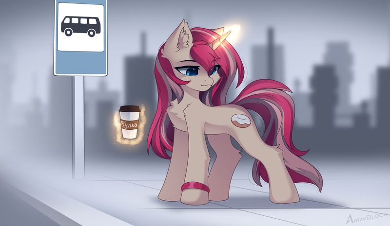 Size: 3714x2160 | Tagged: safe, artist:airiniblock, derpibooru import, oc, oc:dashka bun, unofficial characters only, unicorn, coffee, image, png, town