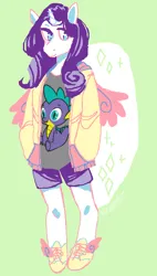 Size: 450x792 | Tagged: safe, artist:satyrdays, derpibooru import, rarity, anthro, unicorn, clothes, green background, image, implied spike, png, shirt, shoes, shorts, simple background, solo, sweatshirt, t-shirt, welovefine