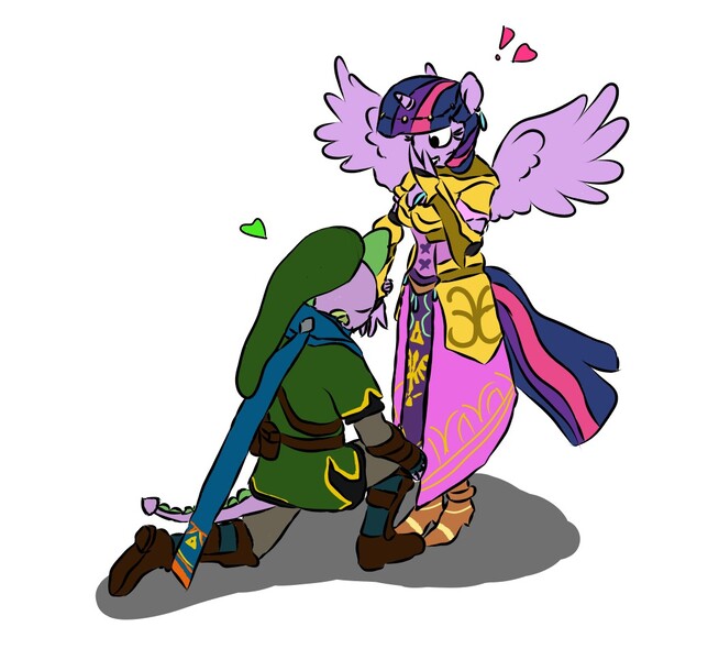 Size: 1057x970 | Tagged: safe, anonymous artist, derpibooru import, spike, twilight sparkle, twilight sparkle (alicorn), alicorn, anthro, dragon, pony, clothes, cosplay, costume, derpibooru exclusive, dress, female, hand kiss, hat, heart, image, jpeg, link, linkspike, male, mare, older, older spike, princess zelda, romantic, shipping, straight, the legend of zelda, twispike, twizelda