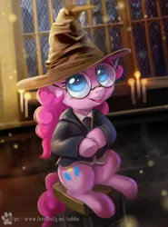 Size: 3023x4096 | Tagged: safe, artist:caddea, artist:caddeaartsfw, derpibooru import, pinkie pie, earth pony, pony, clothes, duo, glasses, harry potter (series), hat, image, jpeg, round glasses, sorting hat