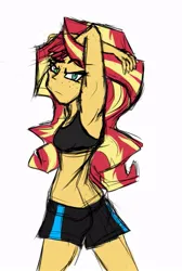 Size: 483x720 | Tagged: safe, artist:vitaltoast, derpibooru import, sunset shimmer, human, equestria girls, 2020, 2020s, armpits, ascended/redeemed villainess, back, black bra, butt crack outline, clothes, colored sketch, cyan eyes, female, freckles, gym shorts, image, jpeg, legs apart, raised eyebrow, rear view, shorts, simple background, sketch, solo, solo female, sports bra, stretching, teenager, tomboy, two toned hair, white background, yellow skin
