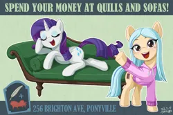 Size: 1360x905 | Tagged: safe, artist:uotapo, derpibooru import, rarity, ponified, earth pony, pony, unicorn, advertisement, andrea davenport, clothes, eyes closed, eyeshadow, freckles, hoodie, image, jpeg, makeup, quills and sofas, reclining, the ghost and molly mcgee
