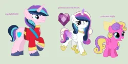 Size: 1024x516 | Tagged: safe, artist:vileotflash, derpibooru import, princess skyla, oc, oc:crystal shield, oc:princess aurora heart, alicorn, pony, unicorn, 2015, alicorn oc, blank flank, bow, brother and sister, clothes, colored hooves, colored horn, colored wings, cutie mark, female, filly, foal, gradient wings, green background, hair bow, hoof shoes, horn, image, jpeg, male, mare, offspring, parent:princess cadance, parent:shining armor, parents:shiningcadance, peytral, siblings, simple background, sisters, stallion, suit, trio, unicorn oc, unshorn fetlocks, wings