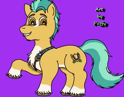 Size: 2385x1860 | Tagged: safe, artist:puffydearlysmith, derpibooru import, hitch trailblazer, earth pony, pony, my little pony: a new generation, blaze (coat marking), chest fluff, coat markings, facial markings, g5, image, looking at you, male, png, purple background, raised hoof, sash, sheriff's badge, simple background, smiling, stallion, unshorn fetlocks