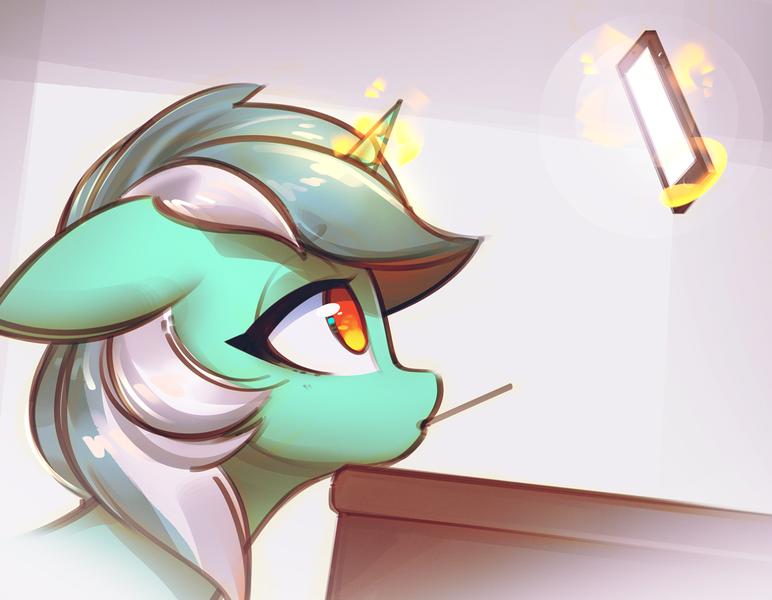 Size: 1410x1096 | Tagged: safe, artist:mirroredsea, edit, lyra heartstrings, pony, unicorn, bored, chromatic aberration removal, female, floppy ears, glowing horn, horn, image, levitation, lidded eyes, magic, magic aura, mare, mobile phone, mouth hold, phone, png, smartphone, solo, stylus, telekinesis