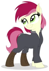 Size: 1100x1600 | Tagged: safe, artist:roseluck, derpibooru import, roseluck, earth pony, pony, fallout equestria, alternate hairstyle, boots, clothes, derpibooru exclusive, female, full body, image, jumpsuit, looking up, mare, png, shoes, short hair, simple background, smiling, solo, standing, tail, three quarter view, white background