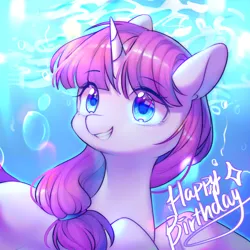 Size: 1750x1750 | Tagged: safe, artist:leafywind, derpibooru import, oc, unofficial characters only, pony, unicorn, birthday, blue eyes, bubble, bust, crepuscular rays, cute, digital art, eye clipping through hair, female, gift art, happy, high res, horn, image, jpeg, mare, ocean, pink mane, portrait, smiling, solo, sunlight, swimming, teeth, underwater, water