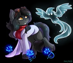 Size: 1680x1457 | Tagged: safe, artist:yuris, derpibooru import, oc, oc:silent echoes, earth pony, pony, bathrobe, black background, clothes, ears up, female, flower, goggles, image, png, robe, simple background, smiling, solo, spirit