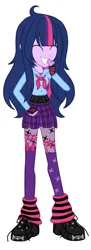 Size: 464x1280 | Tagged: safe, artist:selenaede, derpibooru import, twilight sparkle, human, equestria girls, ahoge, alternate clothes, alternate hairstyle, bangs, base used, boots, bow, buttons, clothes, eyes closed, female, fingerless gloves, g4, garter, garter straps, garters, giggling, gloves, hand over mouth, highlights, image, jpeg, laughing, leg warmers, long hair, long socks, plaid, plaid skirt, platform boots, platform shoes, shoes, simple background, skirt, skull, smiling, socks, solo, spikes, stars, striped gloves, stripes, teeth, tights, transparent background