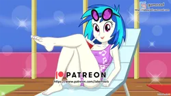 Size: 1066x600 | Tagged: suggestive, artist:jakepixels, derpibooru import, vinyl scratch, human, equestria girls, equestria girls series, spring breakdown, spoiler:eqg series (season 2), clothes, female, gumroad, gumroad logo, image, looking at you, patreon, patreon logo, png, sitting, solo, solo female, swimsuit