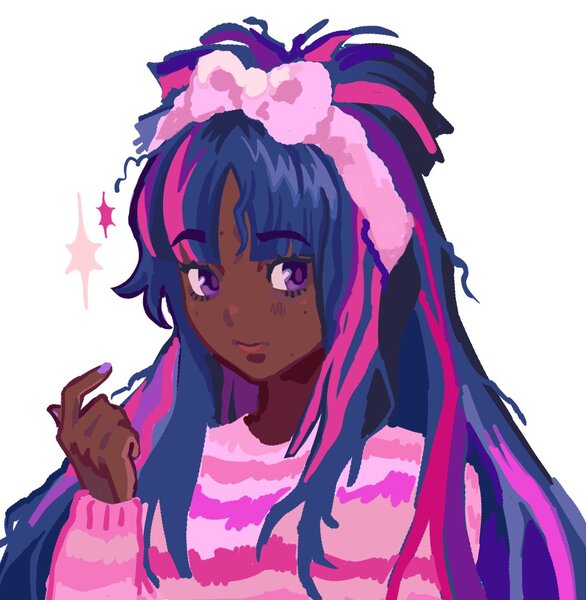 Size: 1276x1307 | Tagged: safe, artist:cookibites, derpibooru import, twilight sparkle, human, blackwashing, bow, bust, dark skin, eyebrows, eyebrows visible through hair, hair bow, humanized, image, jpeg, raised hand, solo