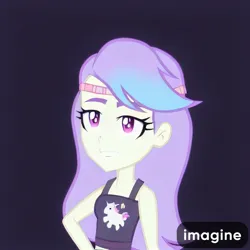 Size: 2048x2048 | Tagged: safe, artist:rainbowstarcolour262, derpibooru import, machine learning generated, snow flower, human, equestria girls, black background, clothes, female, hand on hip, headband, image, jpeg, midriff, simple background, sleeveless, solo, tanktop, watermark