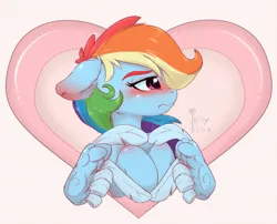 Size: 1000x809 | Tagged: safe, artist:inkypuso, derpibooru import, rainbow dash, pegasus, pony, blushing, bust, feather fingers, heart, heart hands, holiday, image, jpeg, looking away, solo, tsunderainbow, tsundere, valentine's day, wing hands, wings