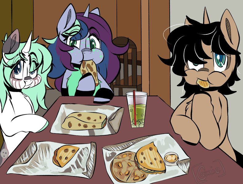 Size: 1916x1456 | Tagged: safe, artist:cozziegalazy, derpibooru import, oc, oc:arty, oc:cookie, oc:sal, unofficial characters only, burrito, drink, eating, food, glass, image, jpeg, restaurant, soda, table, taco, trio